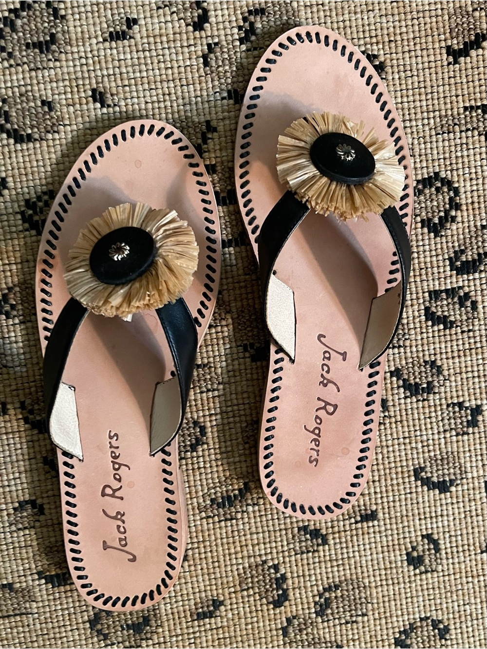 Jack Rogers Black and Tan Raffia Flower Thong Sandals